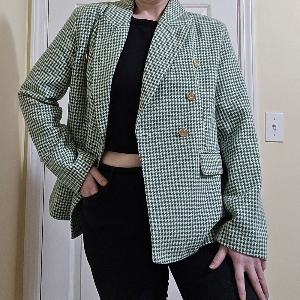 Entro Green White Houndstooth Double-Breasted Blazer Emily In Paris